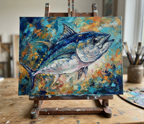 Ready to Hang Artwork, Bigeye Tuna Fish Painting, Original Acrylic Paintings, Small Art on Canvas, Heavy Texture Painting, Impasto Artwork, Hand Painted Canvas Art-Art Painting Canvas