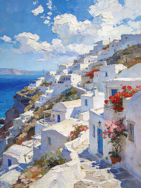 Cliffside Village, A Glimpse of the Aegean, Original Artwork Small Paintings, Hand Painted Canvas Art, On Canvas Small Paintings, Palette Knife Artwork, Landscape Canvas Paintings-Art Painting Canvas