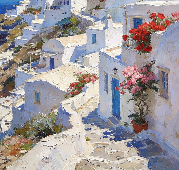 Cliffside Village, A Glimpse of the Aegean, Original Artwork Small Paintings, Hand Painted Canvas Art, On Canvas Small Paintings, Palette Knife Artwork, Landscape Canvas Paintings-Art Painting Canvas