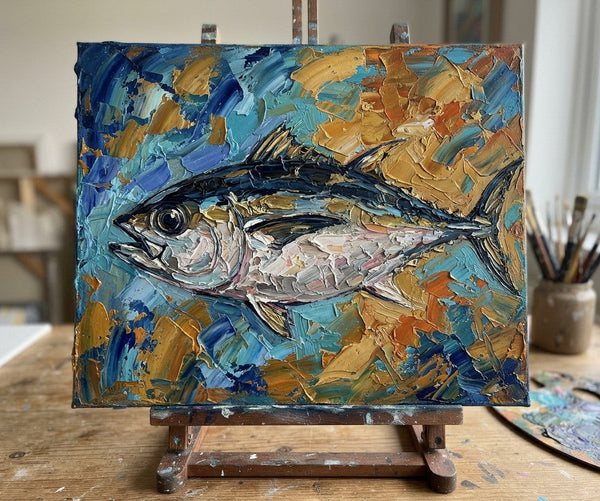 Original Acrylic Paintings, Ready to Hang Artwork, Bigeye Tuna Fish Painting, Small Art on Canvas, Heavy Texture Painting, Impasto Artwork, Hand Painted Canvas Art-Art Painting Canvas