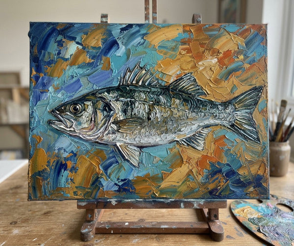 Original Acrylic Paintings, Small Art on Canvas, Sea Bass Fish Painting, Ready to Hang Artwork, Heavy Texture Painting, Impasto Artwork, Hand Painted Canvas Art-Art Painting Canvas