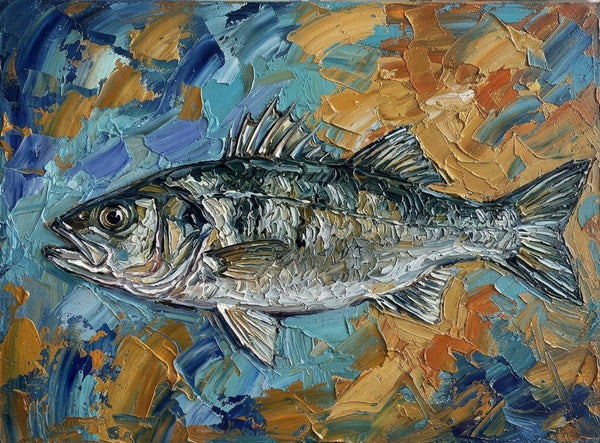 Original Acrylic Paintings, Small Art on Canvas, Sea Bass Fish Painting, Ready to Hang Artwork, Heavy Texture Painting, Impasto Artwork, Hand Painted Canvas Art-Art Painting Canvas