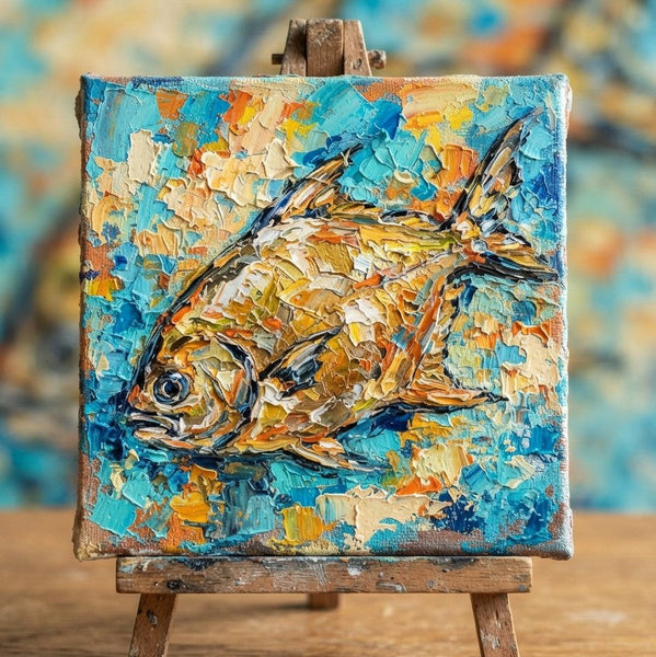Golden Pomfret Fish Painting, Small Art on Canvas, Ready to Hang Artwork, Original Acrylic Paintings, Heavy Texture Painting, Impasto Artwork, Hand Painted Canvas Art-Art Painting Canvas