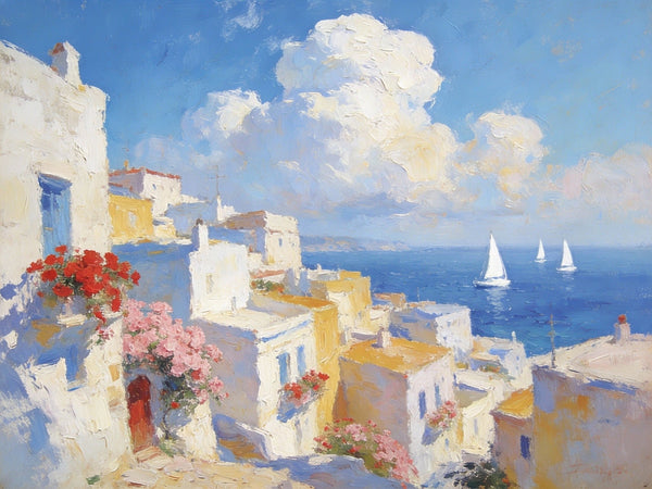 Small Paintings On Canvas, Coastal Santorini, A Vibrant Scene with Sailboats and Villages, Simple Painting Ideas, Hand Painted Wall Art, Small Wall Paintings, Landscape Canvas Paintings-Art Painting Canvas