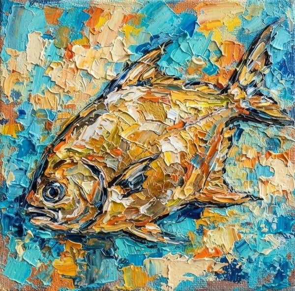Golden Pomfret Fish Painting, Small Art on Canvas, Ready to Hang Artwork, Original Acrylic Paintings, Heavy Texture Painting, Impasto Artwork, Hand Painted Canvas Art-Art Painting Canvas