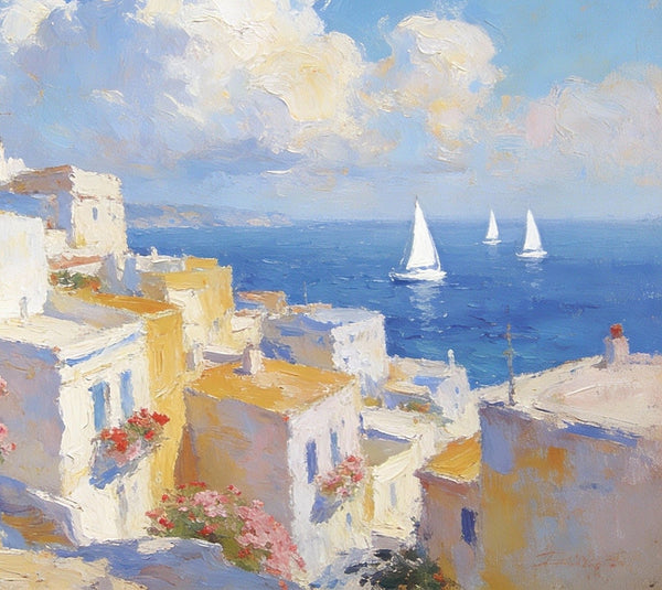 Small Paintings On Canvas, Coastal Santorini, A Vibrant Scene with Sailboats and Villages, Simple Painting Ideas, Hand Painted Wall Art, Small Wall Paintings, Landscape Canvas Paintings-Art Painting Canvas