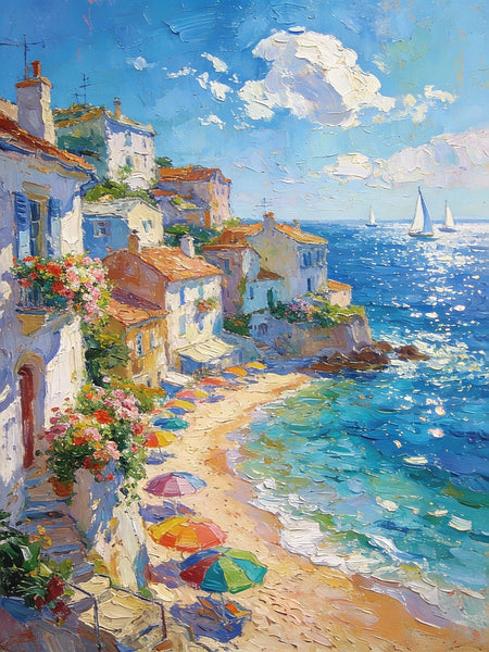 Azure Days - A Summer Holiday on the Mediterranean, Landscape Oil Paintings, Impasto Wall Art Paintings, Original Small Paintings on Canvas, Heavy Texture Oil Paintings, Small Paintings on Canvas
