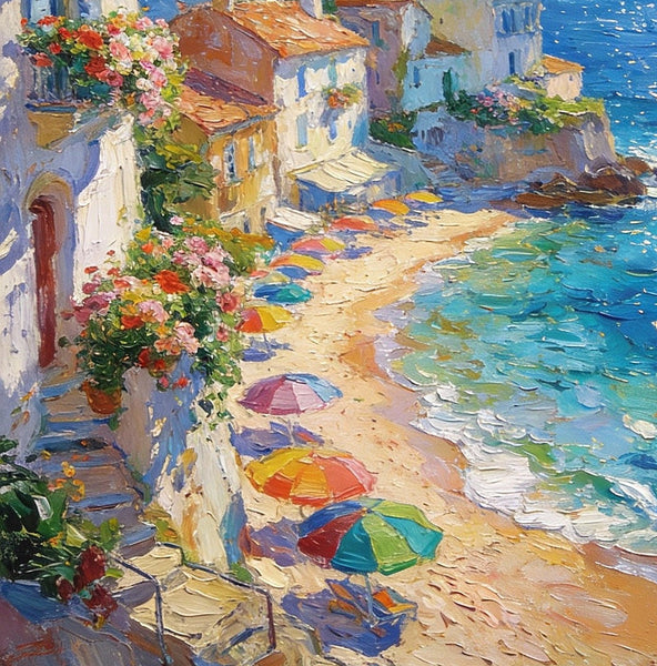 Azure Days - A Summer Holiday on the Mediterranean, Landscape Oil Paintings, Impasto Wall Art Paintings, Original Small Paintings on Canvas, Heavy Texture Oil Paintings, Small Paintings on Canvas