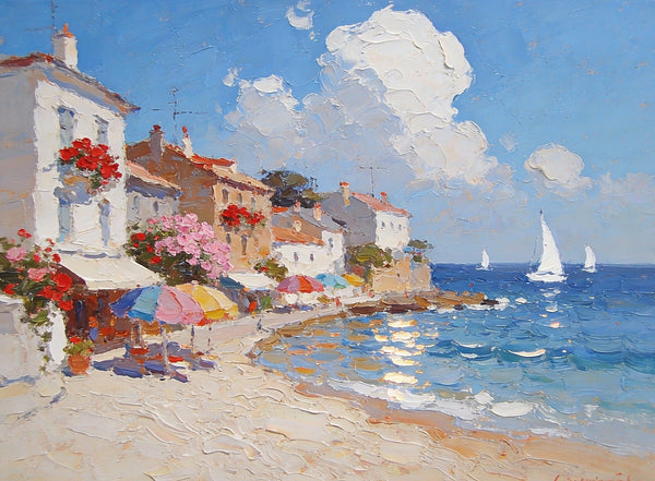 Seaside Summer Holiday, Small Oil Paintings on Canvas, Palette Knife Artwork, Landscape Canvas Paintings, Hand Painted Canvas Art, Original Oil Paintings-Art Painting Canvas