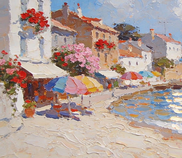 Seaside Summer Holiday, Small Oil Paintings on Canvas, Palette Knife Artwork, Landscape Canvas Paintings, Hand Painted Canvas Art, Original Oil Paintings-Art Painting Canvas