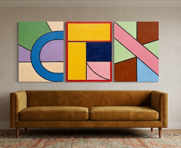 Colorful Abstract Paintings for Mid Century Bedroom, Geometric Abstract Art, Multi Panel Group Paintings-Art Painting Canvas