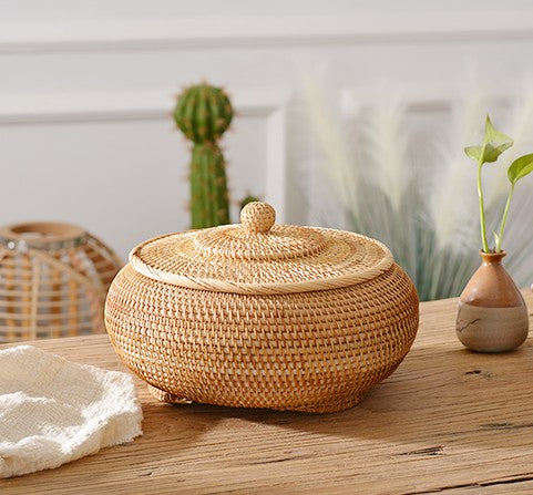Rattan Storage Basket for Kitchen, Storage Basket for Picnic, Small Storage Baskets, Round Storage Basket with Lid, Woven Storage Baskets-Art Painting Canvas