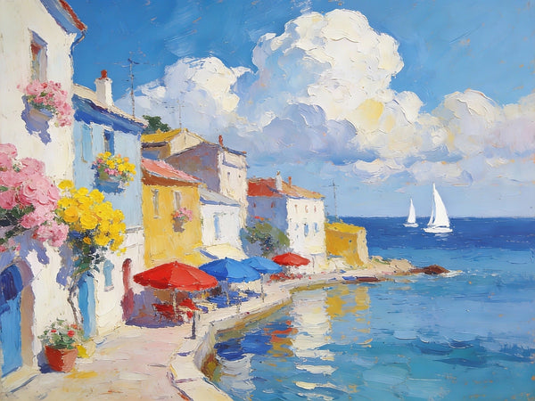 The Quiet Seaside Town, Small Oil Paintings on Canvas, Palette Knife Artwork, Landscape Small Paintings, Small Wall Paintings, Original Oil Paintings-Art Painting Canvas