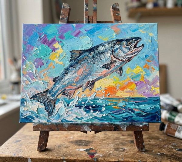 Original Acrylic Paintings, Small Art on Canvas, Salmon Fish Painting, Ready to Hang Artwork, Heavy Texture Painting, Impasto Artwork, Hand Painted Canvas Art-Art Painting Canvas
