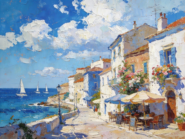 Serene Town by the Sea, A Colorful Coastal Landscape, Hand Painted Canvas Art, On Canvas Small Paintings, Small Landscape Paintings, Landscape Wall Art Paintings, Original Oil Paintings-Art Painting Canvas