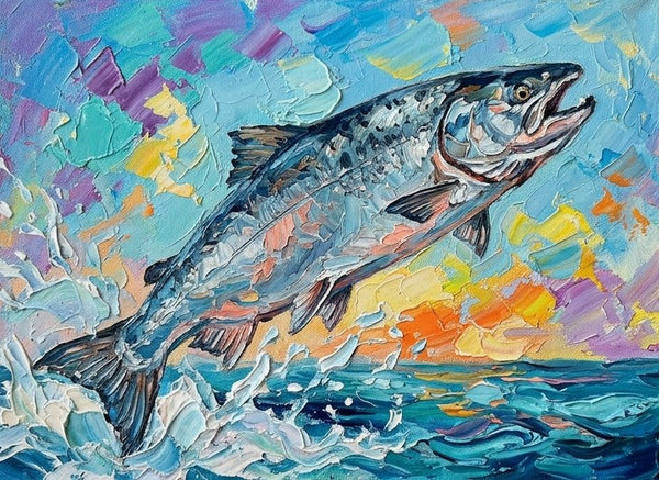 Original Acrylic Paintings, Small Art on Canvas, Salmon Fish Painting, Ready to Hang Artwork, Heavy Texture Painting, Impasto Artwork, Hand Painted Canvas Art-Art Painting Canvas