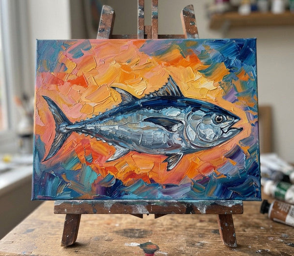 Small Art on Canvas, Salmon Fish Painting, Original Acrylic Paintings, Ready to Hang Artwork, Heavy Texture Painting, Impasto Artwork, Hand Painted Canvas Art-Art Painting Canvas