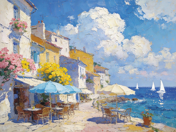 Small Paintings on Canvas, A Seaside Cafe, Summer Resort, Hand Painted Canvas Art, Impasto Artwork, Original Oil Paintings, Small Landscape Paintings on Wall-Art Painting Canvas