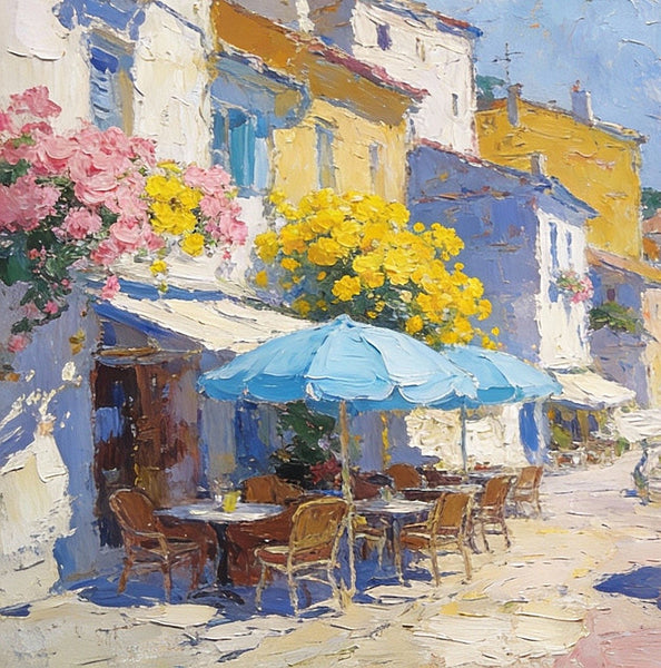 Small Paintings on Canvas, A Seaside Cafe, Summer Resort, Hand Painted Canvas Art, Impasto Artwork, Original Oil Paintings, Small Landscape Paintings on Wall-Art Painting Canvas