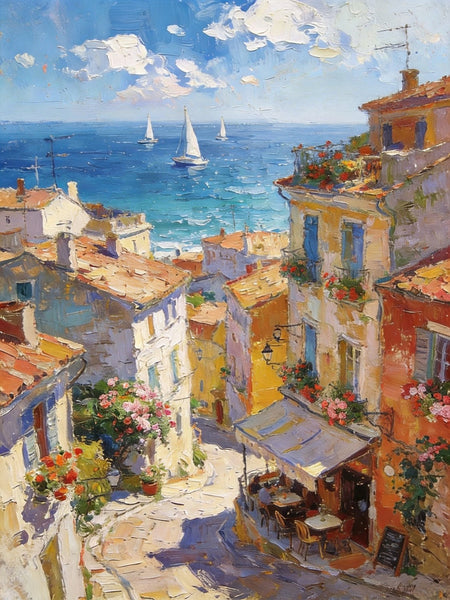 Impasto Wall Art Paintings, A Leisurely Town by the Mediterranean, Landscape Oil Paintings, Original Small Paintings on Canvas, Heavy Texture Oil Paintings, On Canvas Small Paintings-Art Painting Canvas