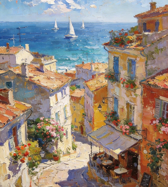 Impasto Wall Art Paintings, A Leisurely Town by the Mediterranean, Landscape Oil Paintings, Original Small Paintings on Canvas, Heavy Texture Oil Paintings, On Canvas Small Paintings-Art Painting Canvas