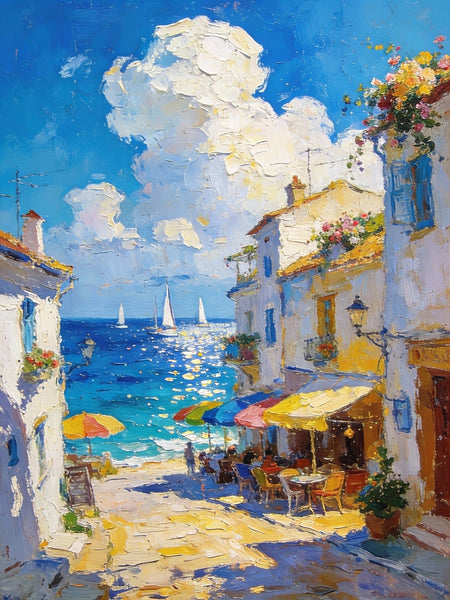 Small Paintings On Canvas, Vibrant Coastal Village, Colorful Houses by the Sea, Hand Painted Canvas Art, Landscape Oil Paintings, Original Artwork Small Paintings on Wall-Art Painting Canvas