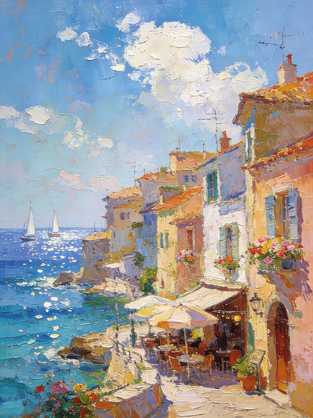 Seaside Cafe Days, Summer Resort, Landscape Oil Paintings, Impasto Wall Art Paintings, Original Small Paintings on Canvas, Heavy Texture Oil Paintings, On Canvas Small Paintings-Art Painting Canvas