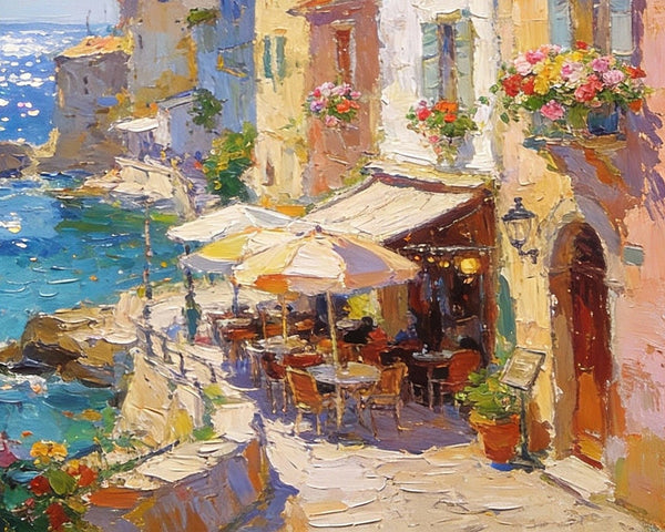 Seaside Cafe Days, Summer Resort, Landscape Oil Paintings, Impasto Wall Art Paintings, Original Small Paintings on Canvas, Heavy Texture Oil Paintings, On Canvas Small Paintings-Art Painting Canvas
