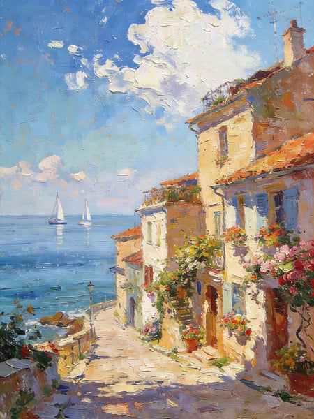 On Canvas Small Paintings, Sunlit Coastal Town, Flower-Adorned Streets and Sailboats, Hand Painted Canvas Art, Original Artwork Small Paintings on Wall, Landscape Oil Paintings-Art Painting Canvas
