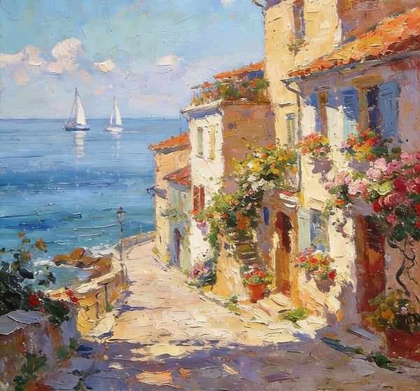 On Canvas Small Paintings, Sunlit Coastal Town, Flower-Adorned Streets and Sailboats, Hand Painted Canvas Art, Original Artwork Small Paintings on Wall, Landscape Oil Paintings-Art Painting Canvas