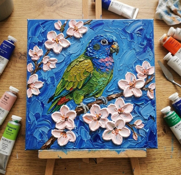 Parrot Bird Painting, Small Art on Canvas, Heavy Texture Painting, Ready to Hang Painting, Impasto Artwork, Original Acrylic Paintings, Hand Painted Canvas Art-Art Painting Canvas