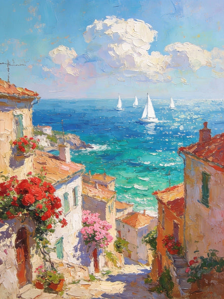 Coastal Town with Sailboats, A Vibrant Mediterranean Scene, Original Artwork Small Paintings, Hand Painted Canvas Art, Heavy Texture Wall Art Paintings, On Canvas Small Paintings-Art Painting Canvas