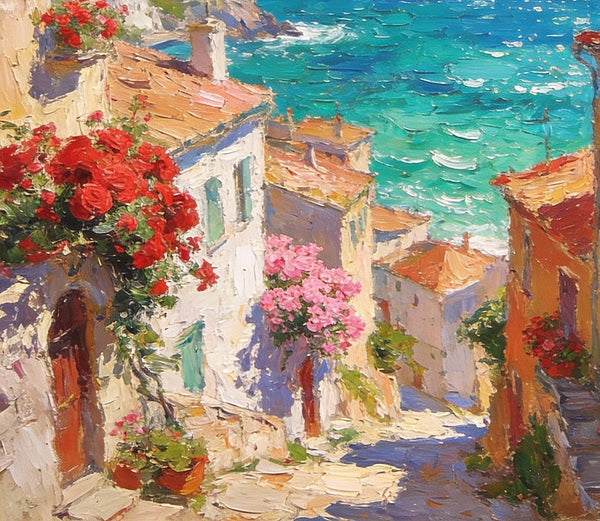 Coastal Town with Sailboats, A Vibrant Mediterranean Scene, Original Artwork Small Paintings, Hand Painted Canvas Art, Heavy Texture Wall Art Paintings, On Canvas Small Paintings-Art Painting Canvas