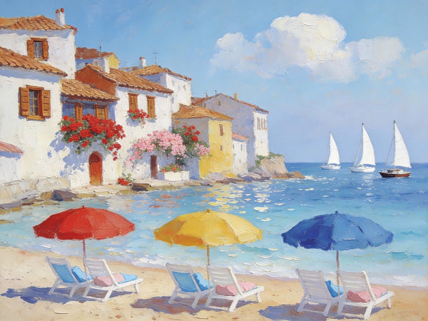 Landscape Oil Paintings, Coastal Town with Colorful Umbrellas, Small Paintings on Canvas, Original Canvas Paintings, Heavy Texture Artwork, Hand Painted Wall Art-Art Painting Canvas