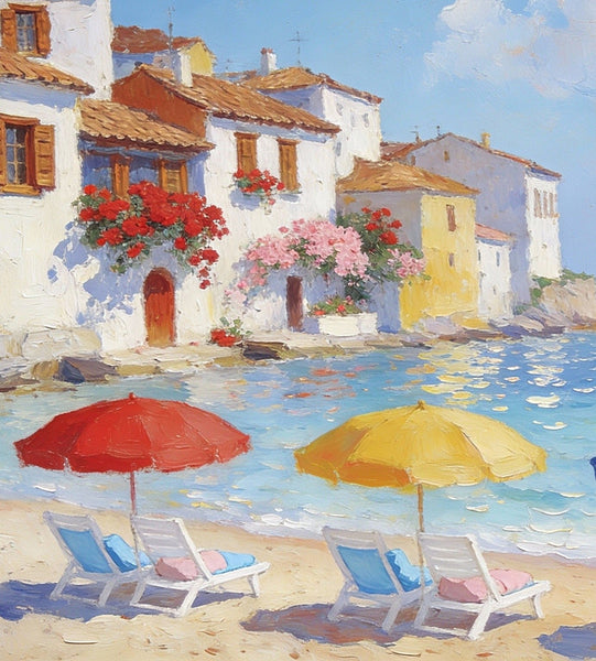 Landscape Oil Paintings, Coastal Town with Colorful Umbrellas, Small Paintings on Canvas, Original Canvas Paintings, Heavy Texture Artwork, Hand Painted Wall Art-Art Painting Canvas