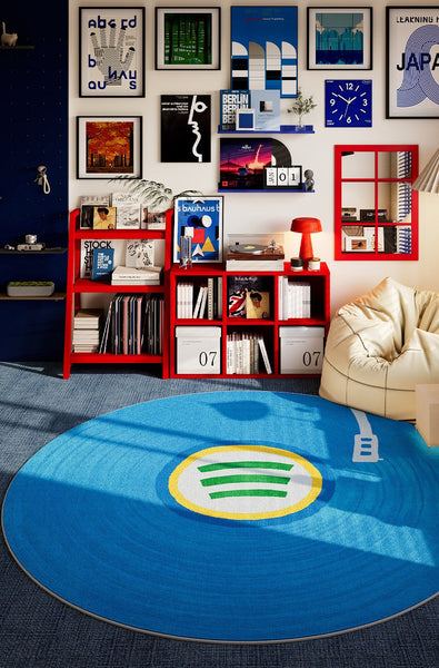 Modern Floor Rugs Next to Bed, Blue Circular Modern Rugs for Dining Room, Geometric Round Rugs for Small House, Contemporary Floor Carpets for Apartment