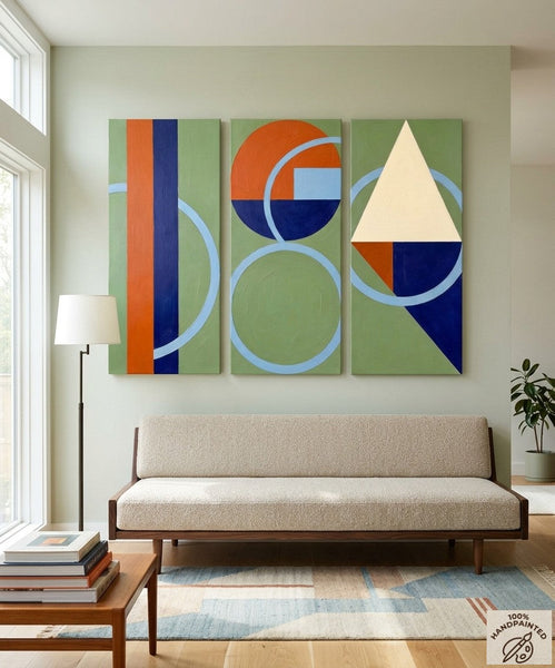 Oversized Group Paintings, Geometric Abstract Paintings, Multi Panel Canvas Art, Modern Paintings for Mid Century Living Room-Art Painting Canvas