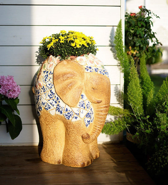 Modern Outdoor Garden Flower Pots, Oversized Garden Flower Pot, Extra Large Elephant Garden Flowerpots, Animal Statue for Garden Ornaments, Large Resin Statue for Garden-Art Painting Canvas