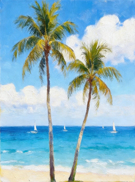 Original Seascape Paintings, Blue Sea and Coconut Trees, Hand Painted Canvas Art, Small Canvas Artwork, Original Oil Paintings, Buy Small Paintings Online-Art Painting Canvas