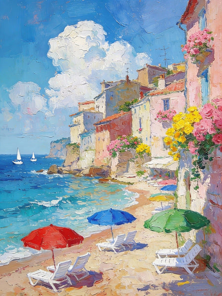 Summer by the Shore, Seashore Beach Painting, Small Landscape Paintings, Impasto Paintings, Small Paintings on Canvas, Palette Knife Wall Art, Original Small Paintings on Canvas-Art Painting Canvas