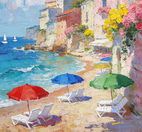 Summer by the Shore, Seashore Beach Painting, Small Landscape Paintings, Impasto Paintings, Small Paintings on Canvas, Palette Knife Wall Art, Original Small Paintings on Canvas-Art Painting Canvas