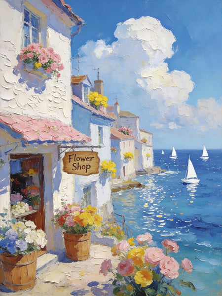 Original Small Paintings, Seaside Flower Shop in Summer, Impasto Paintings, Small Oil Paintings, Small Wall Art Paintings, Landscape Canvas Paintings-Art Painting Canvas