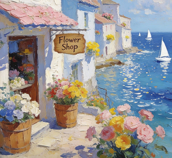 Original Small Paintings, Seaside Flower Shop in Summer, Impasto Paintings, Small Oil Paintings, Small Wall Art Paintings, Landscape Canvas Paintings-Art Painting Canvas