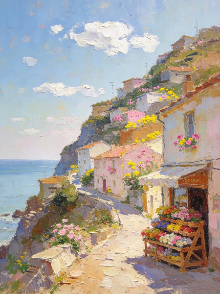 Sunlit Cliffside Town, Flowers, Houses, and Ocean Views, Original Artwork Small Paintings, Hand Painted Canvas Art, On Canvas Small Paintings, Palette Knife Artwork, Landscape Artwork, Canvas Paintings-Art Painting Canvas