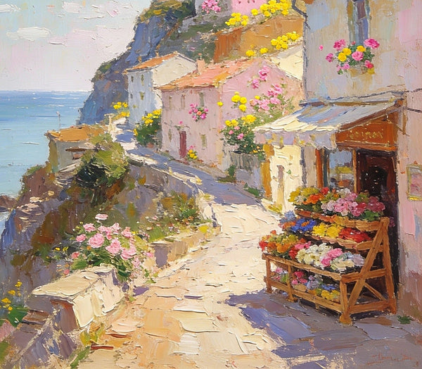 Sunlit Cliffside Town, Flowers, Houses, and Ocean Views, Original Artwork Small Paintings, Hand Painted Canvas Art, On Canvas Small Paintings, Palette Knife Artwork, Landscape Artwork, Canvas Paintings-Art Painting Canvas