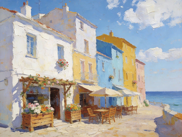 On Canvas Small Paintings, European Street Cafe, Colorful Buildings by the Sea, Simple Painting Ideas, Hand Painted Wall Art, Small Wall Paintings, Landscape Canvas Paintings-Art Painting Canvas
