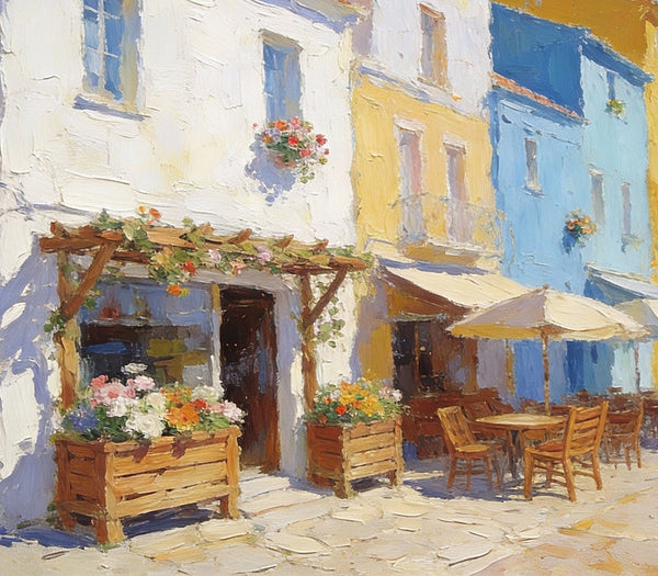 On Canvas Small Paintings, European Street Cafe, Colorful Buildings by the Sea, Simple Painting Ideas, Hand Painted Wall Art, Small Wall Paintings, Landscape Canvas Paintings-Art Painting Canvas