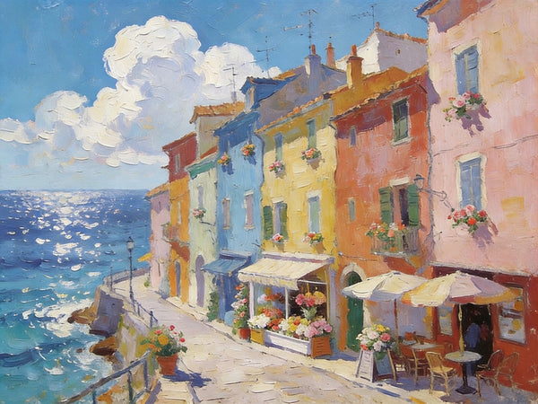 Flower Shop by the Mediterranean, Summer Resort, Hand Painted Canvas Art, Small Landscape Paintings, Original Oil Paintings, Small Wall Art Paintings, Small Paintings on Canvas-Art Painting Canvas