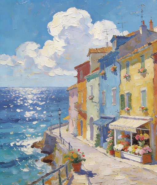 Flower Shop by the Mediterranean, Summer Resort, Hand Painted Canvas Art, Small Landscape Paintings, Original Oil Paintings, Small Wall Art Paintings, Small Paintings on Canvas-Art Painting Canvas