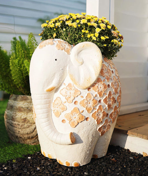 Animal Statue for Garden Ornaments, Oversized Modern Garden Flower Pot, Extra Large Elephant Garden Flowerpots, Resin Statue for Garden, Villa Outdoor Garden Flower Pots-Art Painting Canvas
